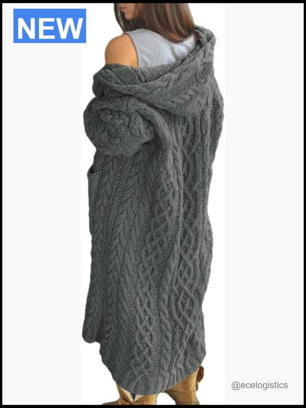 Open Front Cable Knit Hooded Cardigan Sweater Long Sleeve